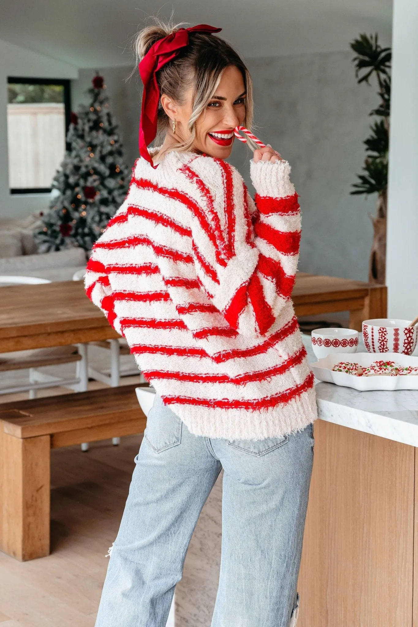 Fuzzy Red Striped Pullover Sweater