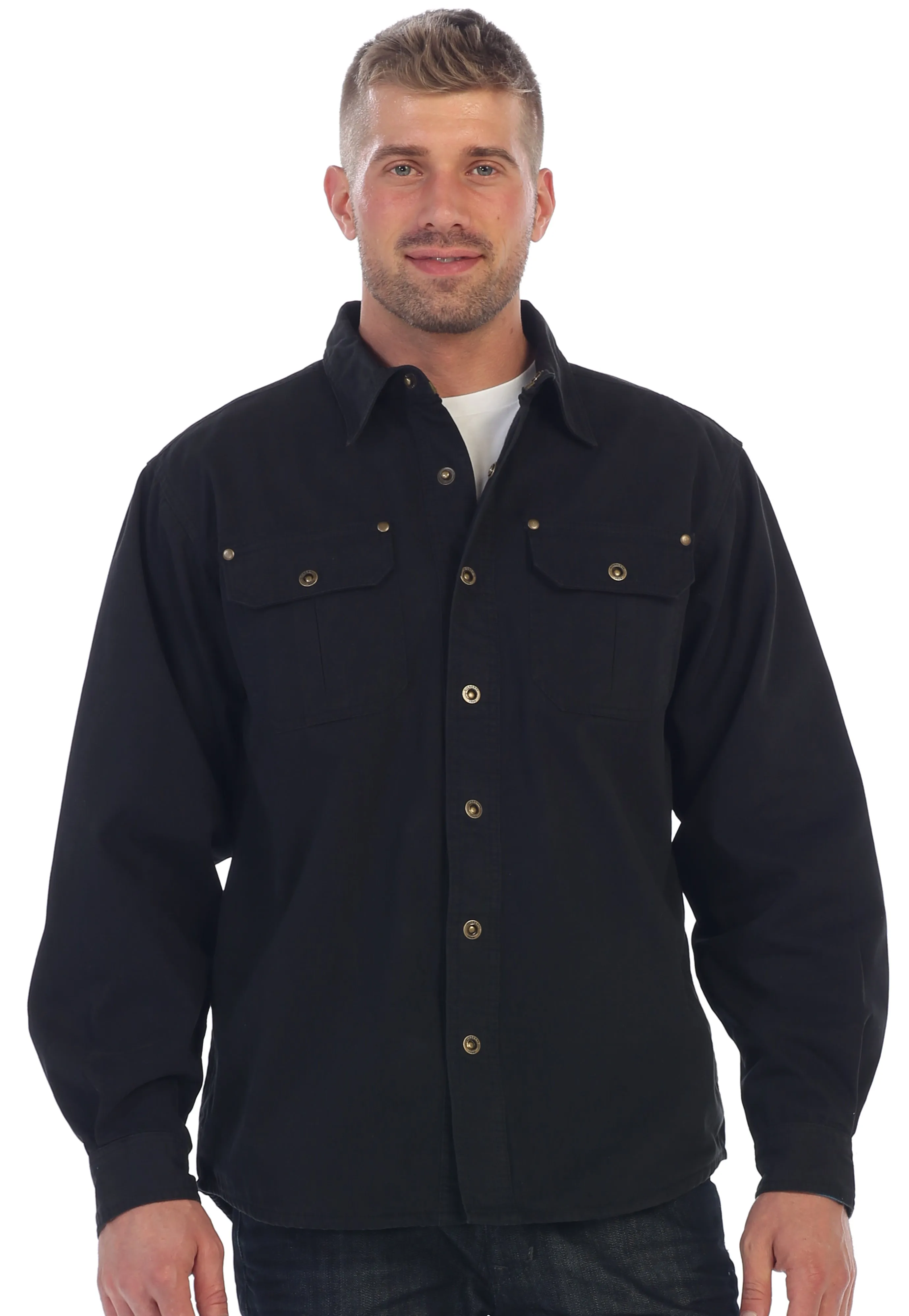 Gioberti Men's Black Cotton Brushed and Soft Twill Shirt Jacket with Flannel Lining