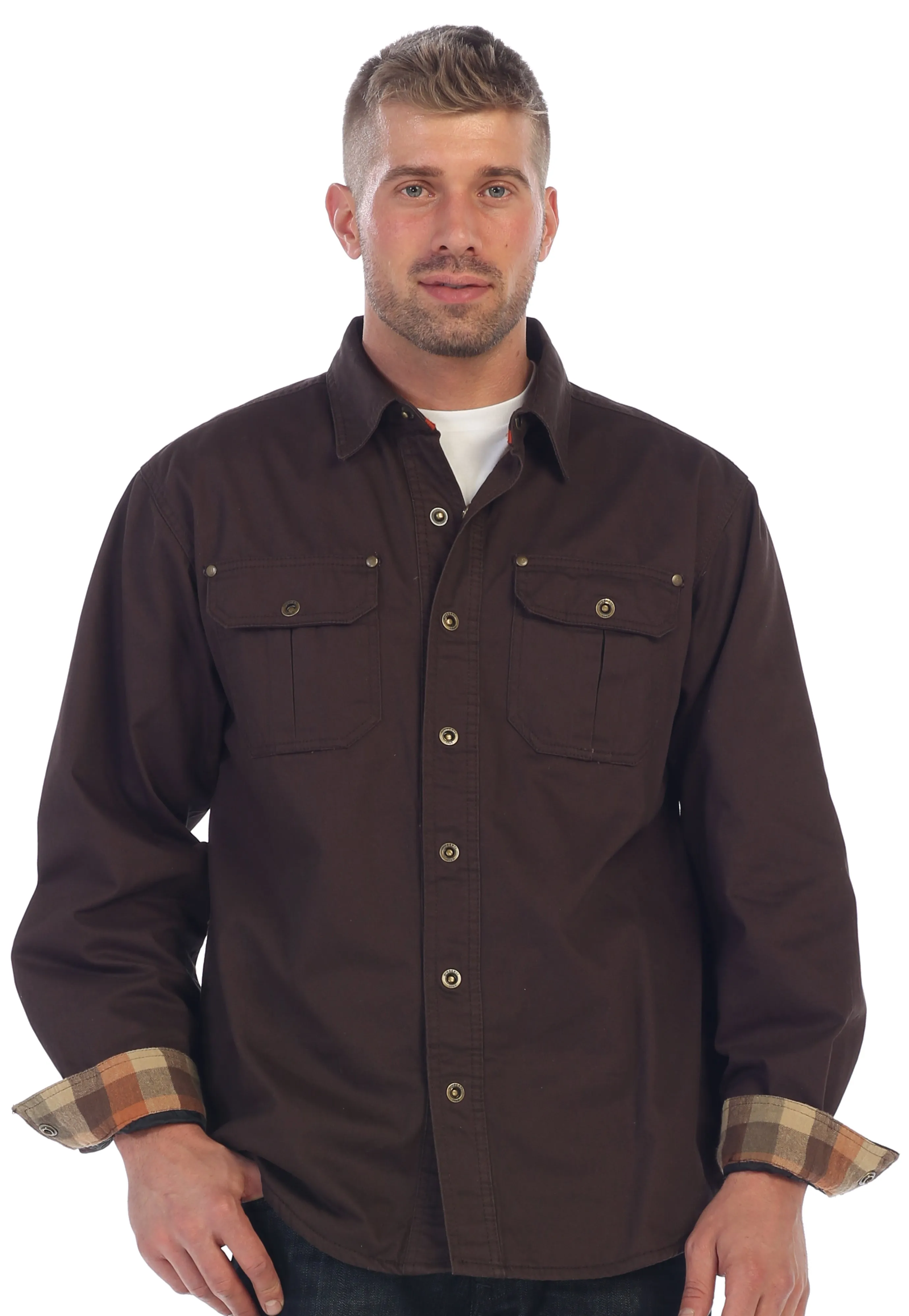 Gioberti Men's Brown Cotton Brushed and Soft Twill Shirt Jacket with Flannel Lining