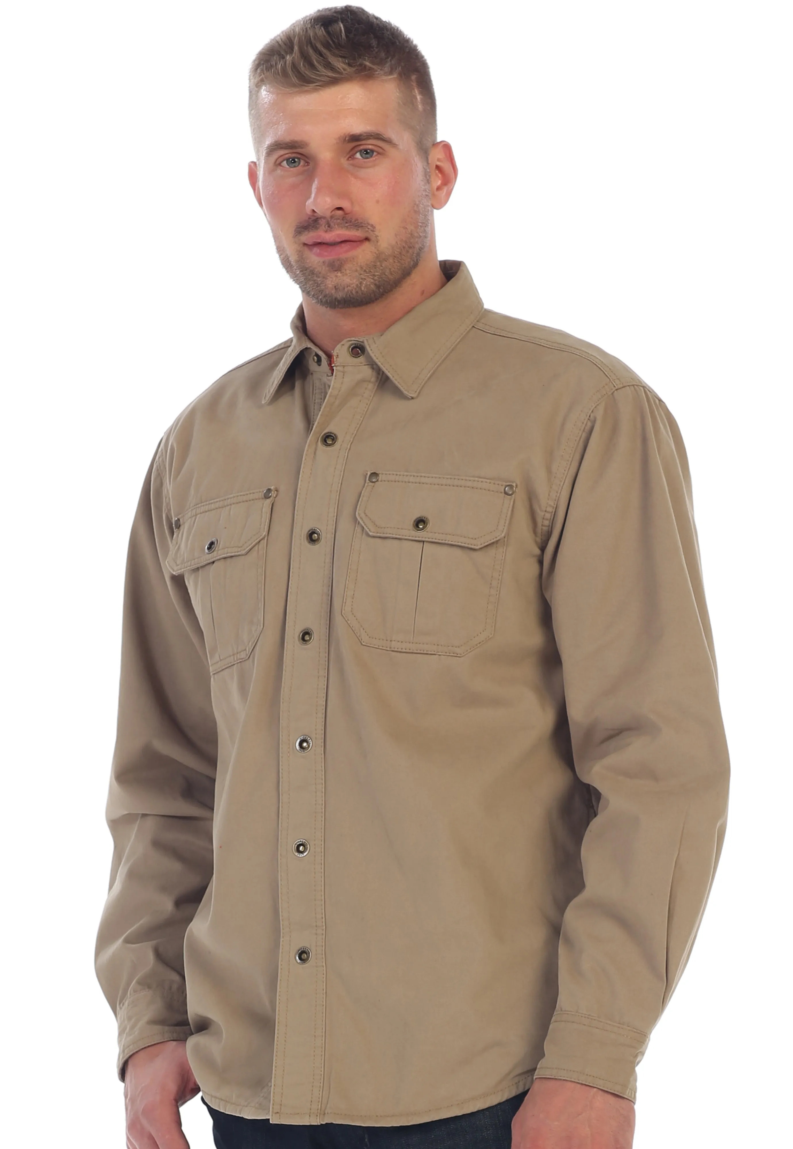 Gioberti Men's Khaki Cotton Brushed and Soft Twill Shirt Jacket with Flannel Lining