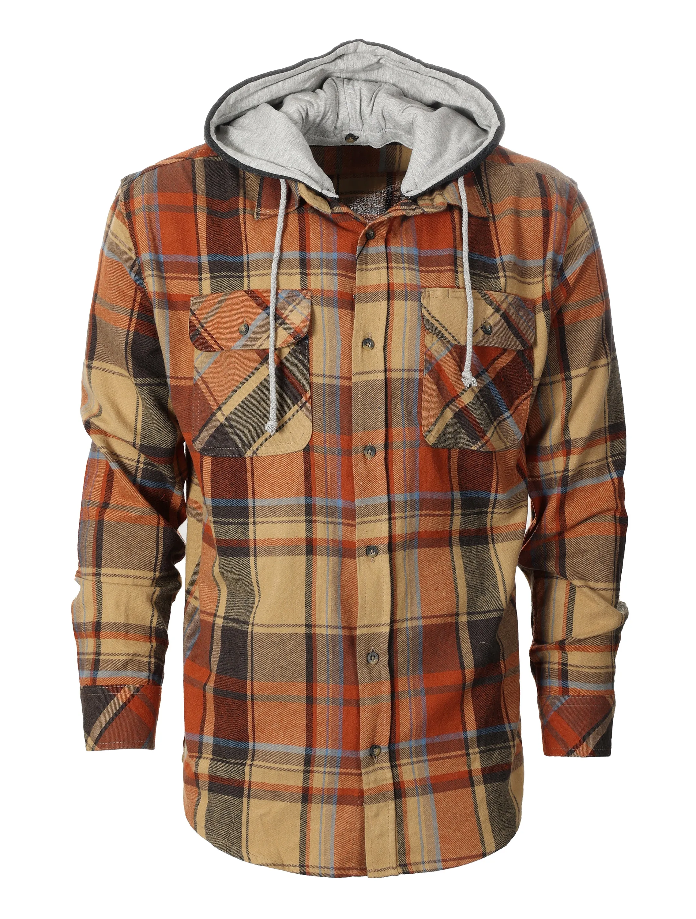 Gioberti Men's Khaki / Umber Removable Hoodie Plaid Checkered Flannel Button Down Shirt