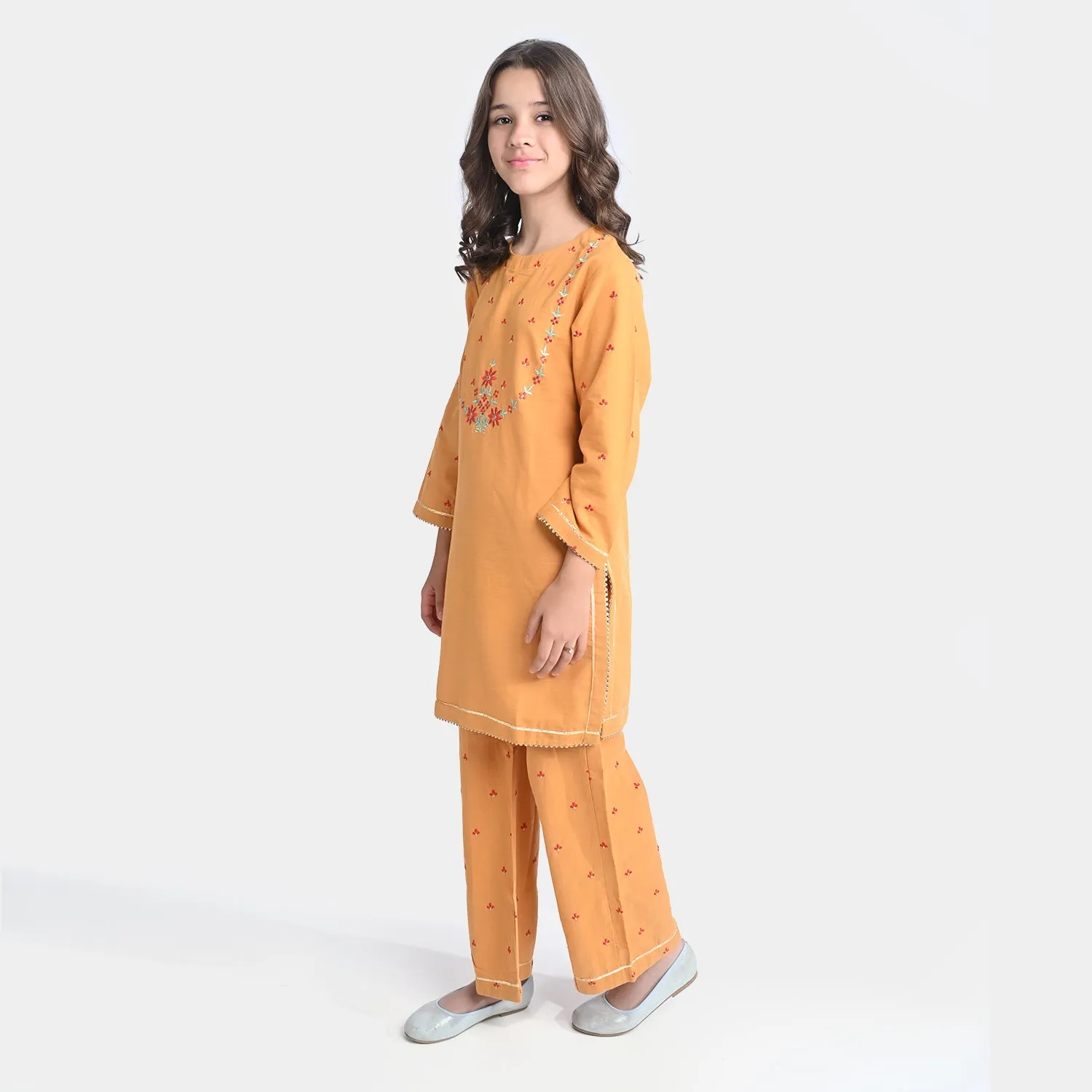 Girls Cotton Slub EMB 2PC Suit Sun Glow-Mustard