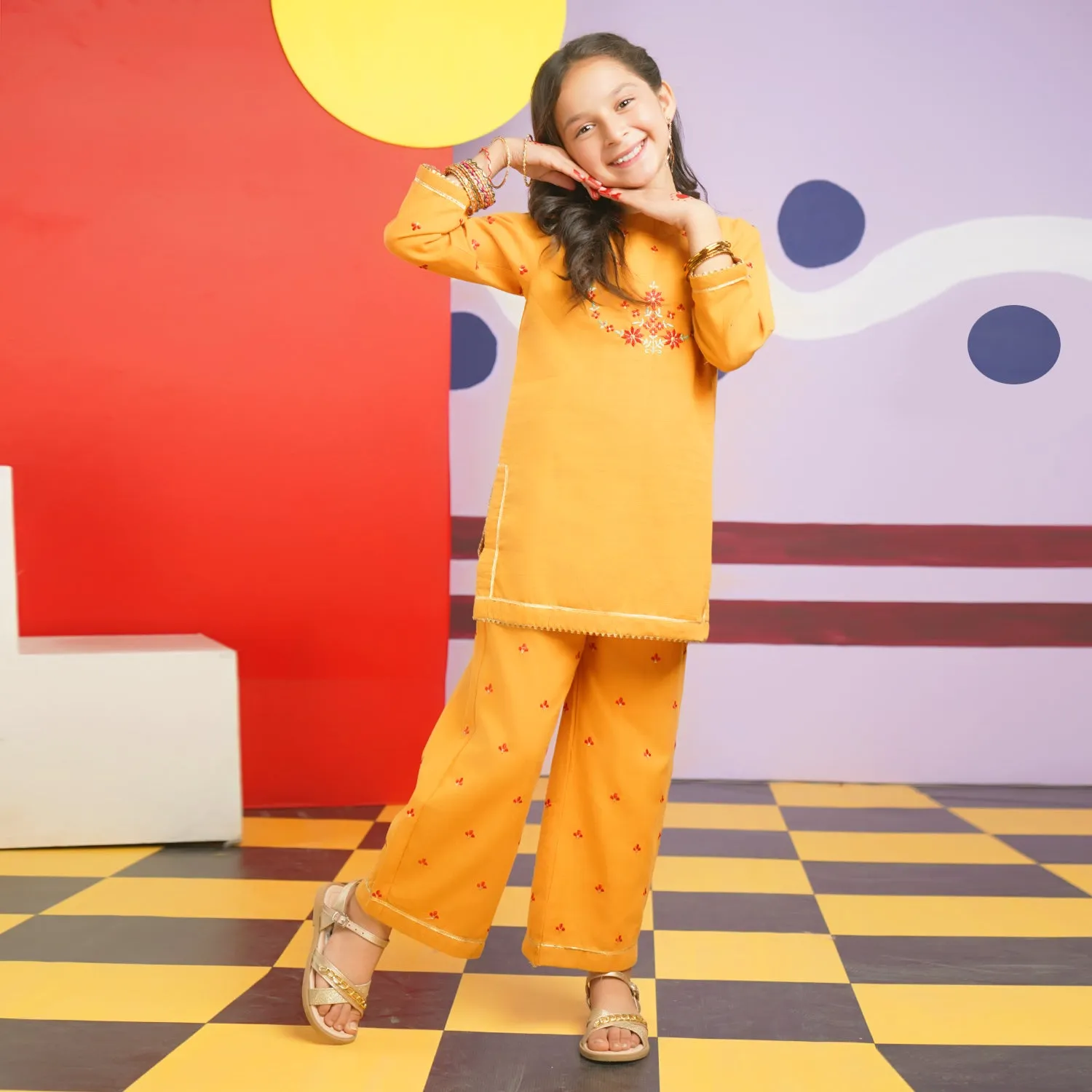 Girls Cotton Slub EMB 2PC Suit Sun Glow-Mustard