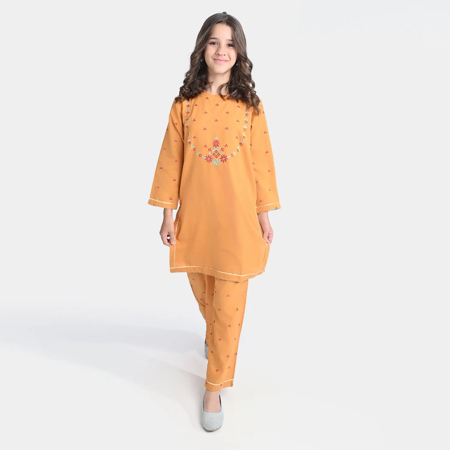 Girls Cotton Slub EMB 2PC Suit Sun Glow-Mustard