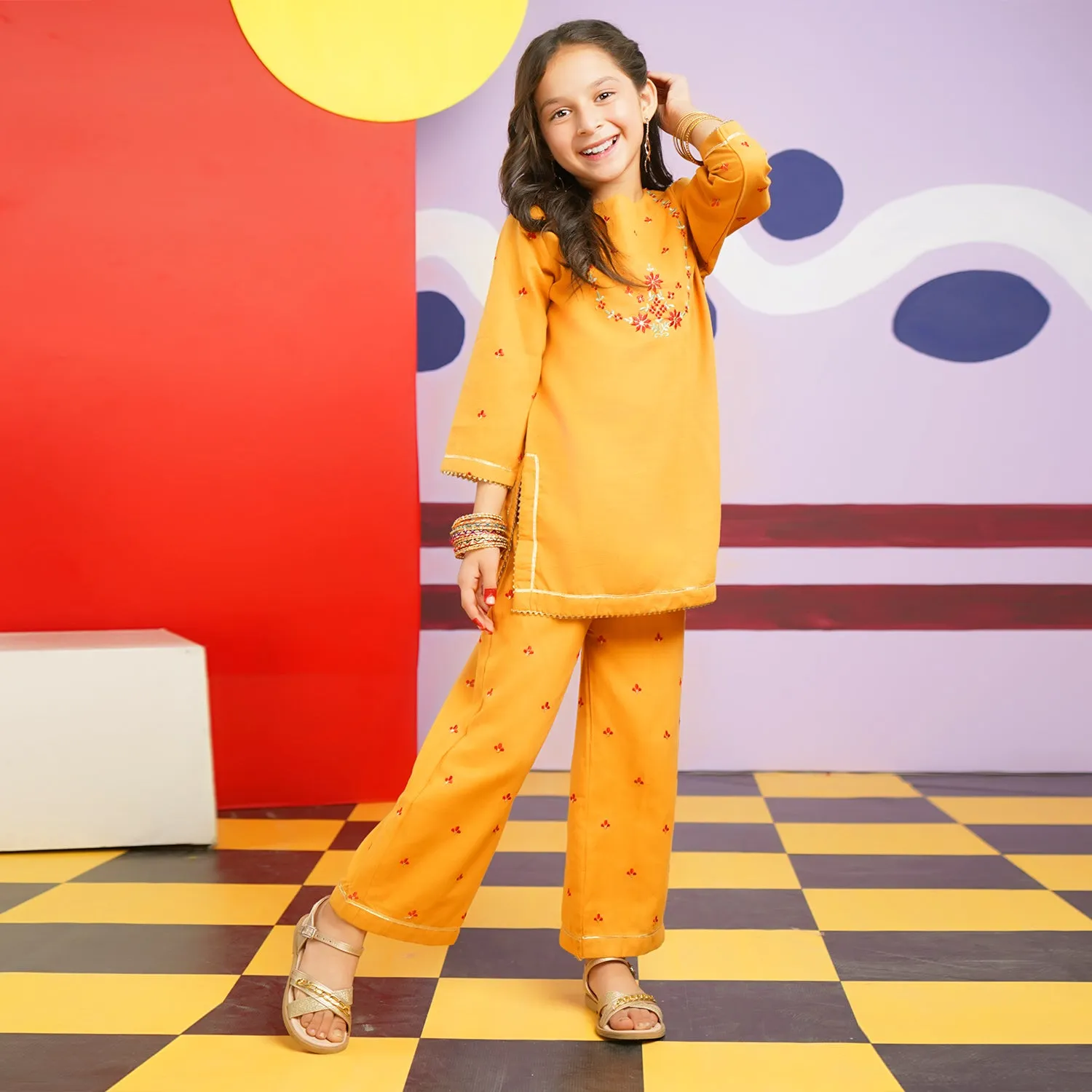 Girls Cotton Slub EMB 2PC Suit Sun Glow-Mustard