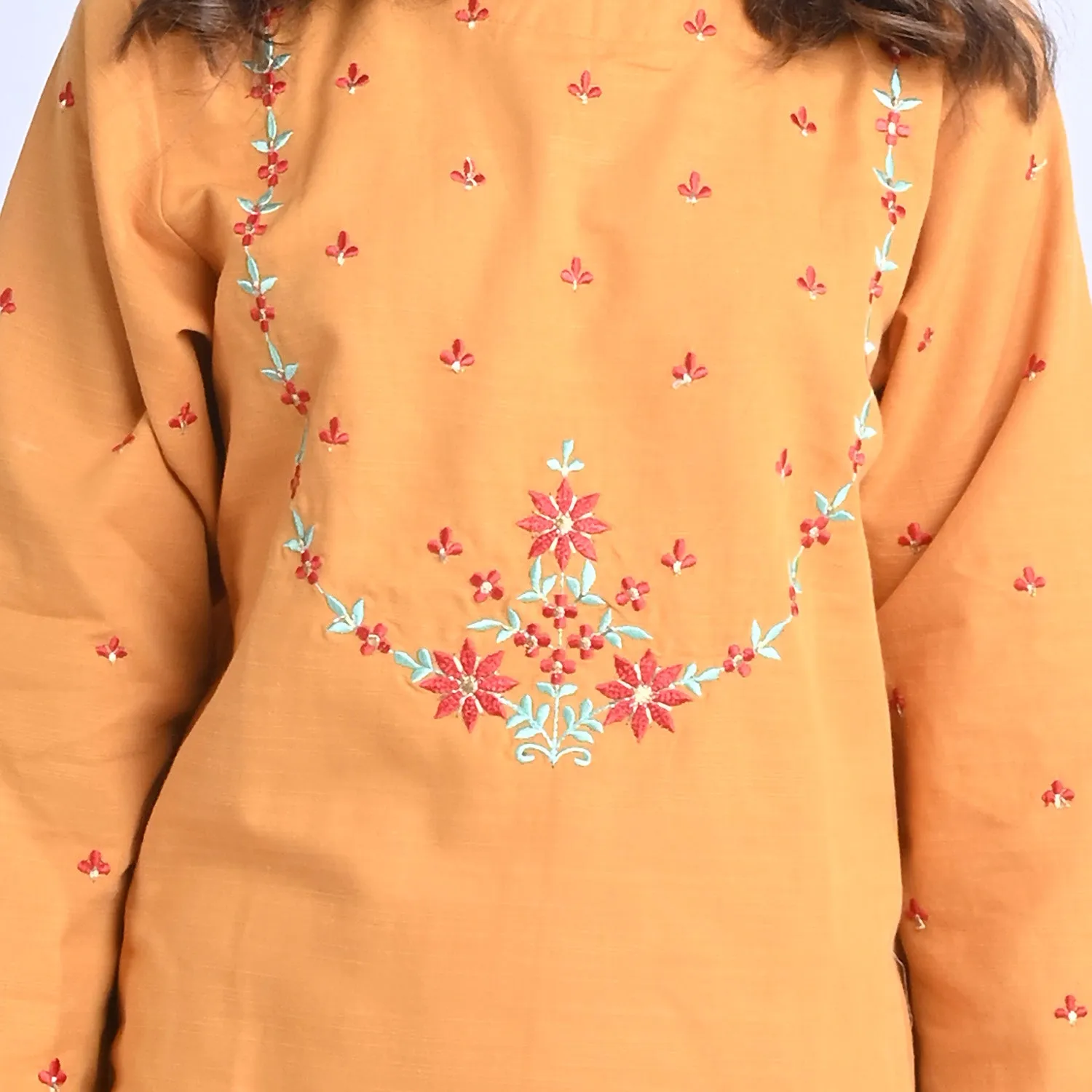 Girls Cotton Slub EMB 2PC Suit Sun Glow-Mustard