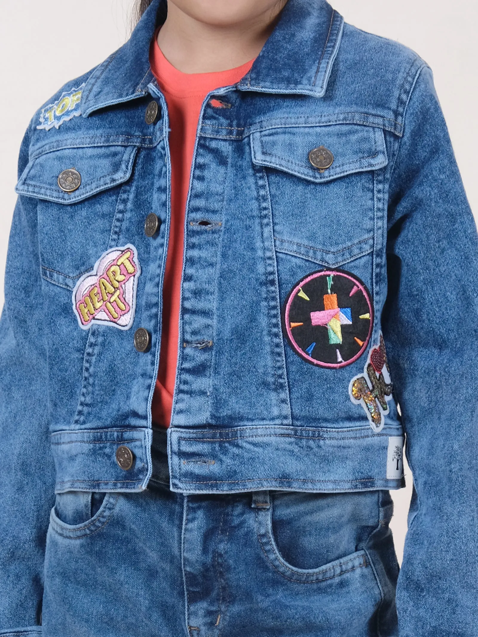 Girls Full Sleeve Multi Patch Detailed Crop Denim Jacket