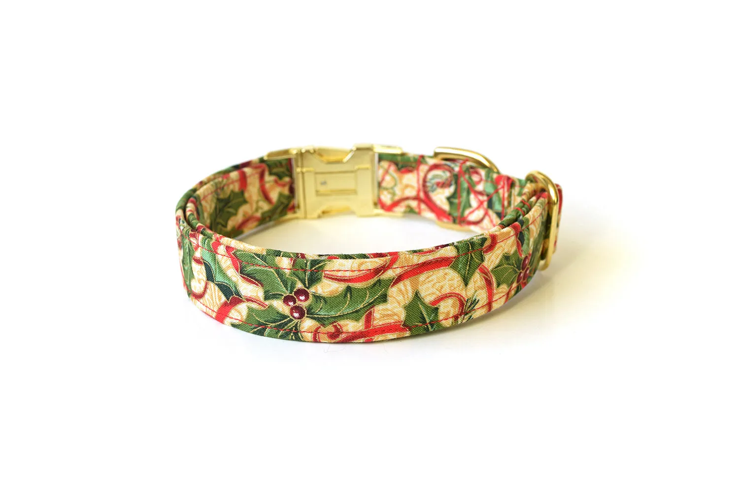 Gold, Red & Green Holly Christmas Dog Collar