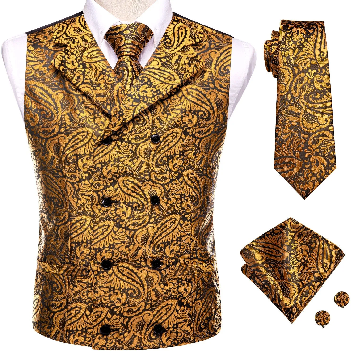 GoldEnrod Black Paisley Jacquard Silk Men's Vest Hanky Cufflinks Tie Set