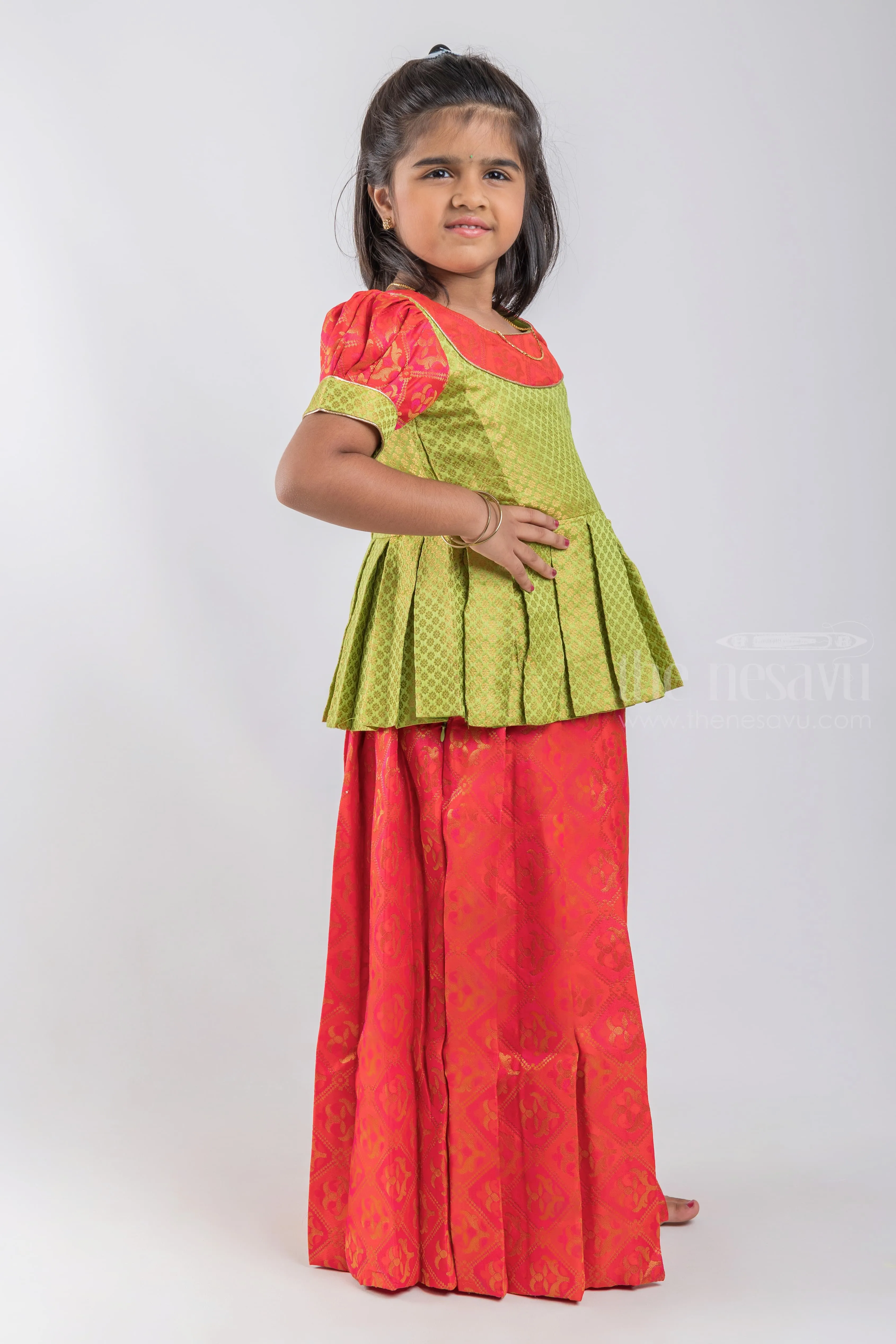 Gorgeous Green Floral Designer Pleated Blouse And Red Pleated Silk Skirt For Girls