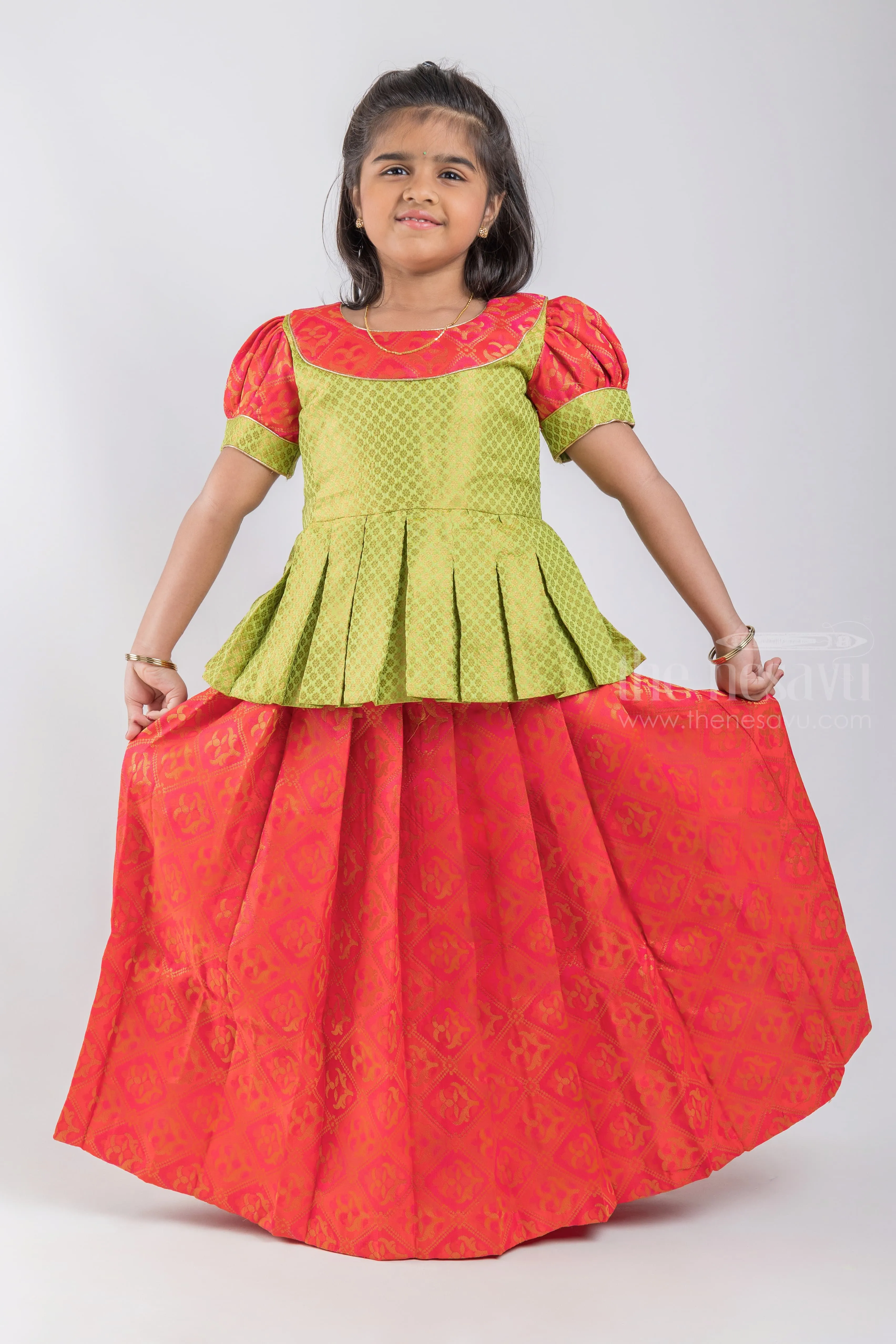 Gorgeous Green Floral Designer Pleated Blouse And Red Pleated Silk Skirt For Girls