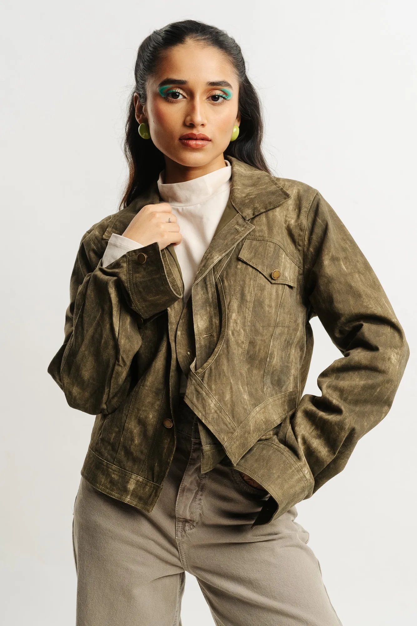 Green Spread Collar Denim Jacket