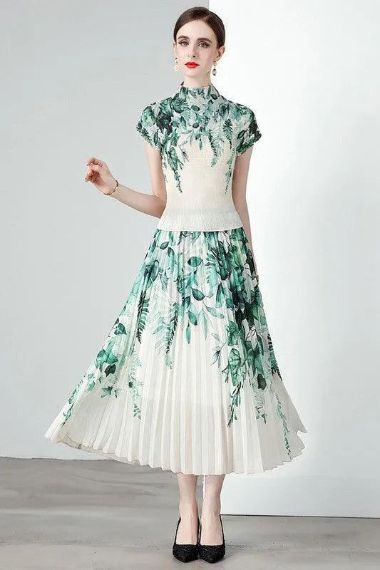 Green White Floral Pleated 2PC Outfit