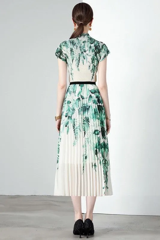 Green White Floral Pleated 2PC Outfit