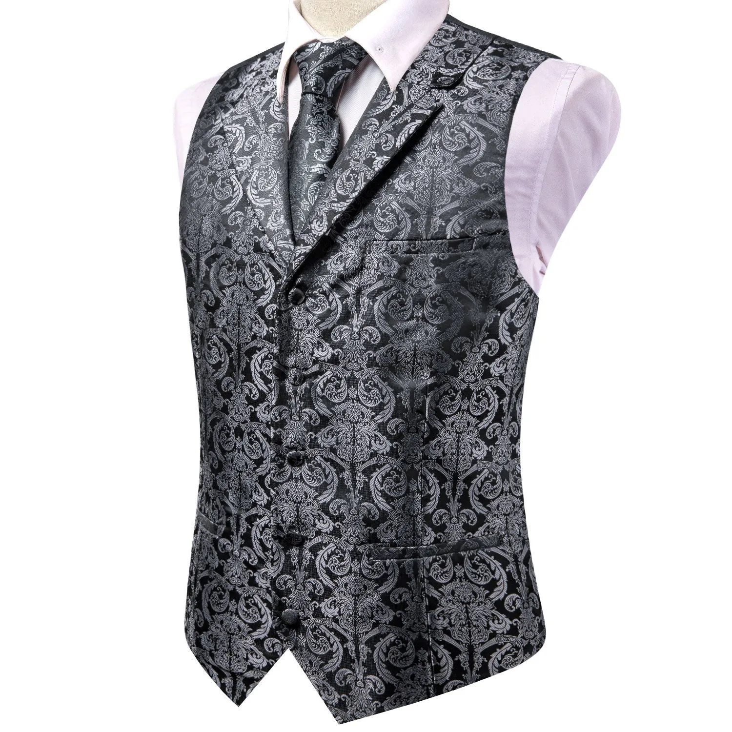 Grey White Paisley Jacquard Silk Men's Vest Hanky Cufflinks Tie Set