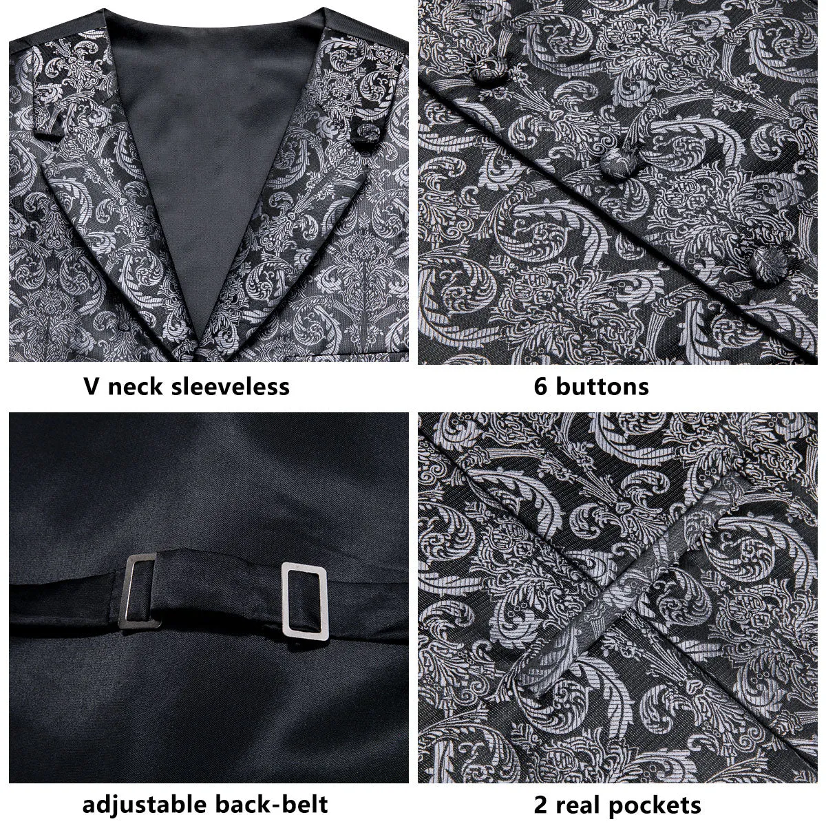 Grey White Paisley Jacquard Silk Men's Vest Hanky Cufflinks Tie Set