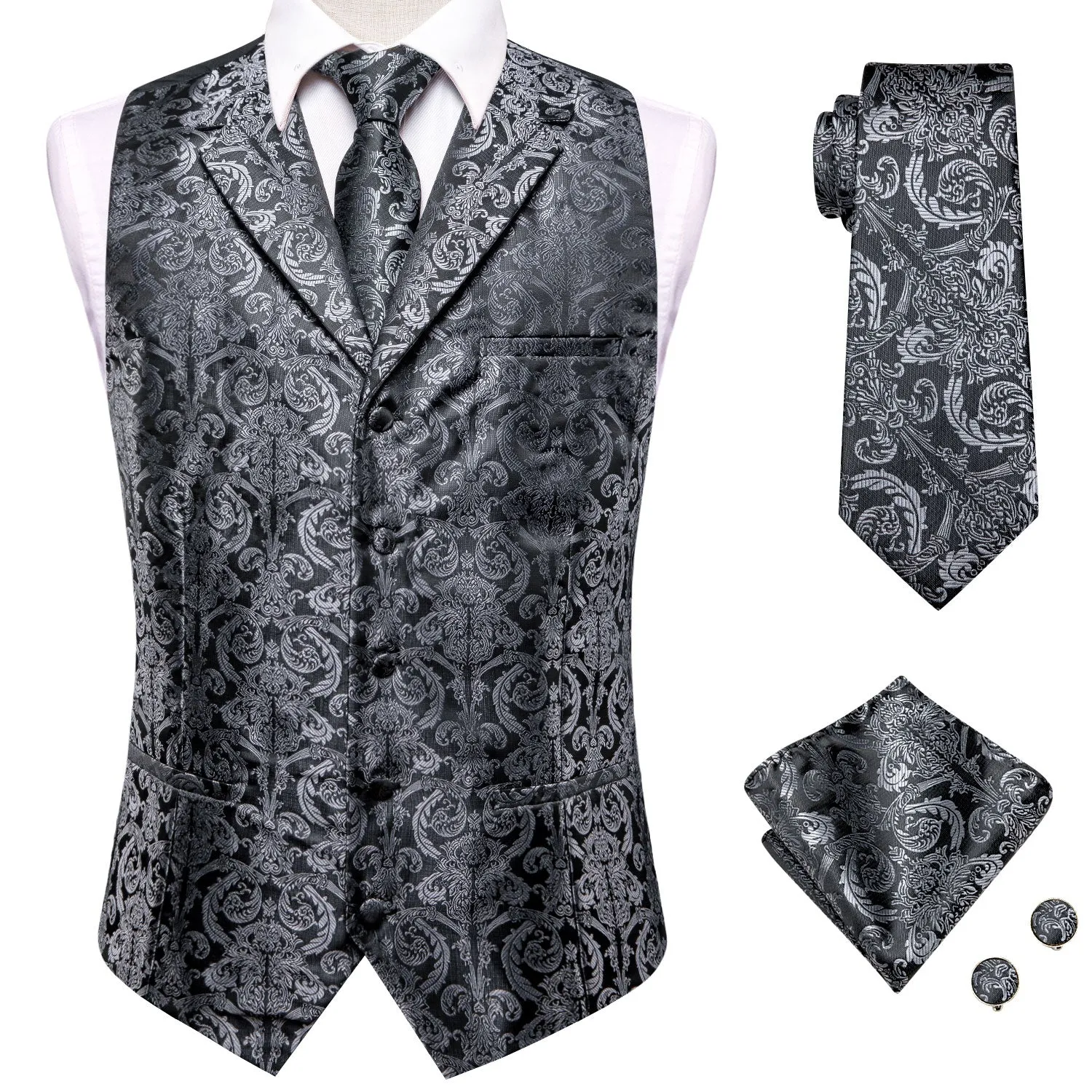 Grey White Paisley Jacquard Silk Men's Vest Hanky Cufflinks Tie Set