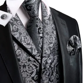 Grey White Paisley Jacquard Silk Men's Vest Hanky Cufflinks Tie Set