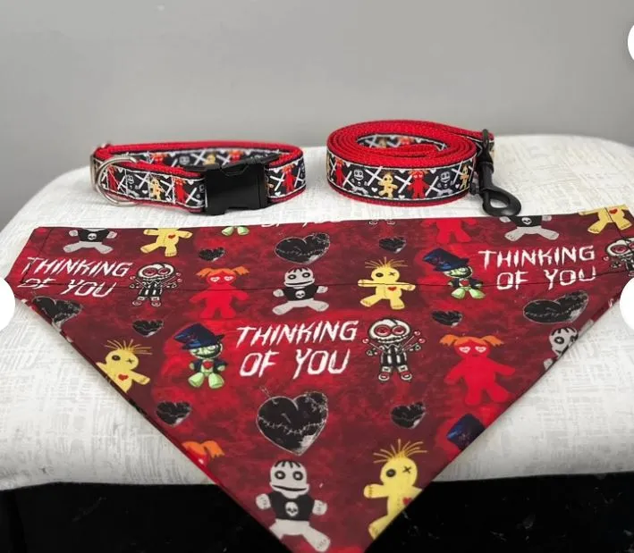 Halloween Spooky Doll Dog Collar and Leash Set - Matching Collar, Leash, and Bandana - Halloween Dog Collar and Leash Dog Collar Set