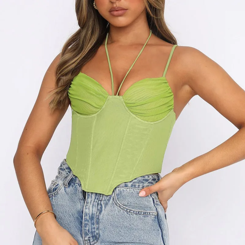 Halterneck Corset Cropped Top V-Neck Fishbone Vest