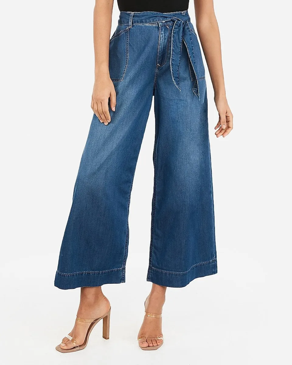 High Waisted Belted Cropped Wide Leg Jeans in Medium Wash