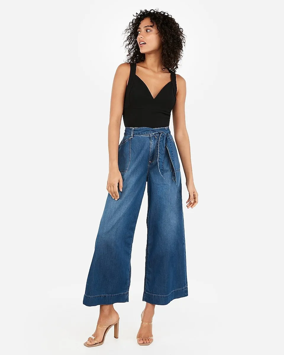 High Waisted Belted Cropped Wide Leg Jeans in Medium Wash