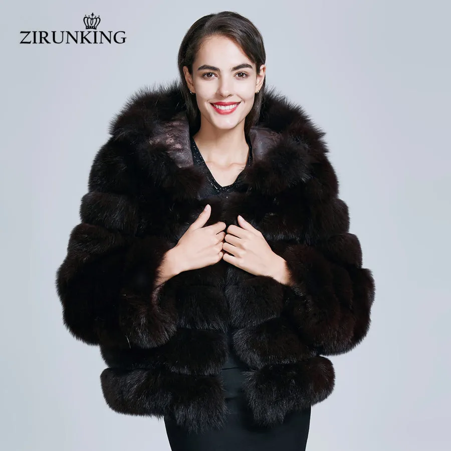 Hooded Natural Blue Fox Fur Thick Coat