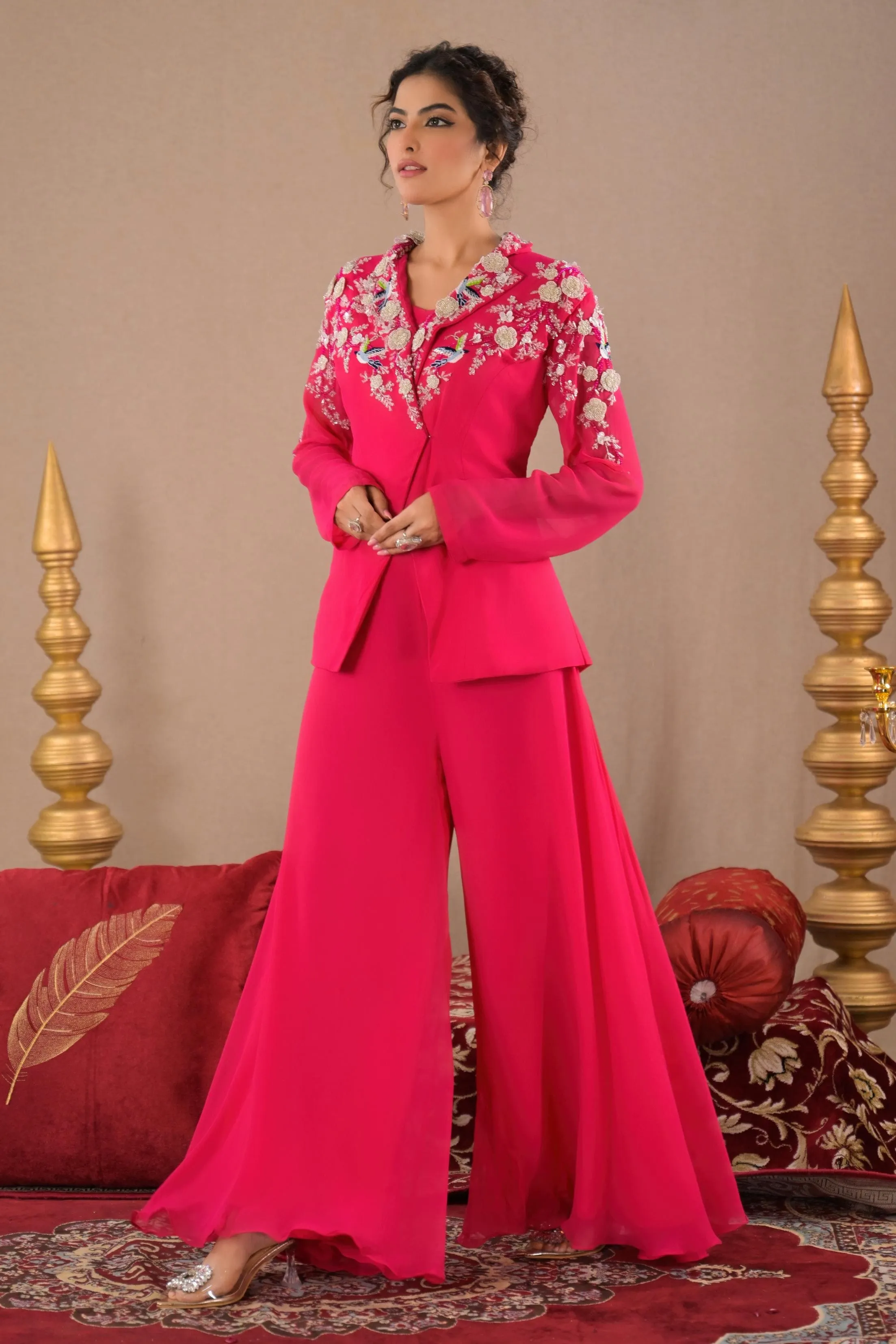 Hot Pink Embroidered Georgette Silk Jacket & Palazzo Set