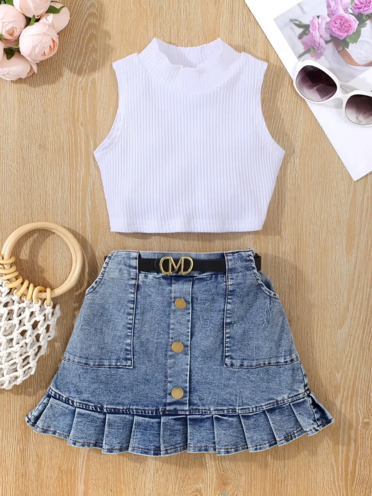 Howdy Turtleneck Tank and Pleated Denim Skirt Set