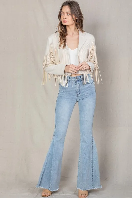 Ivory Cream Faux Leather Suede Fringe Cropped Western Boho Moto Jacket Women's