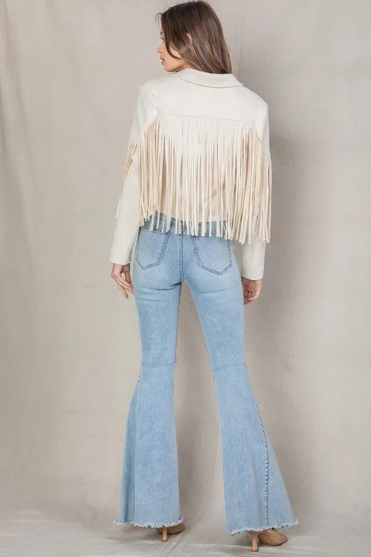 Ivory Cream Faux Leather Suede Fringe Cropped Western Boho Moto Jacket Women's