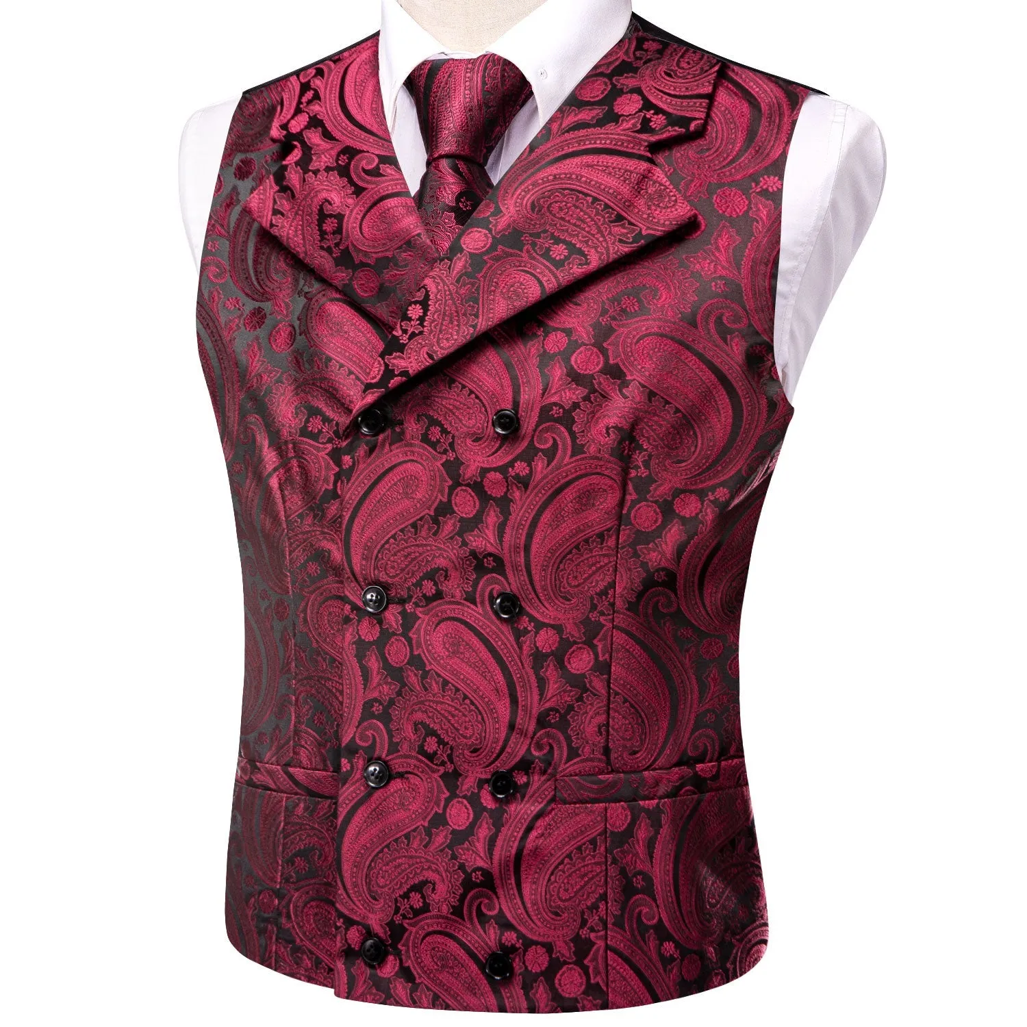 Jam Red Paisley Jacquard Silk Men's Vest Hanky Cufflinks Tie Set