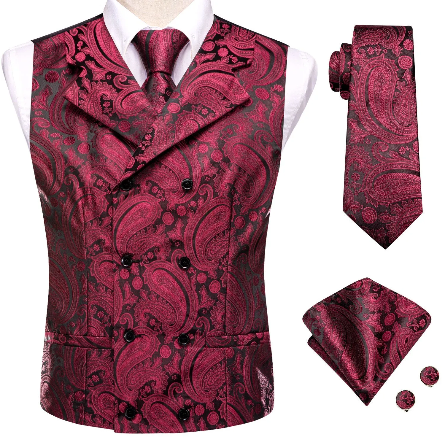 Jam Red Paisley Jacquard Silk Men's Vest Hanky Cufflinks Tie Set