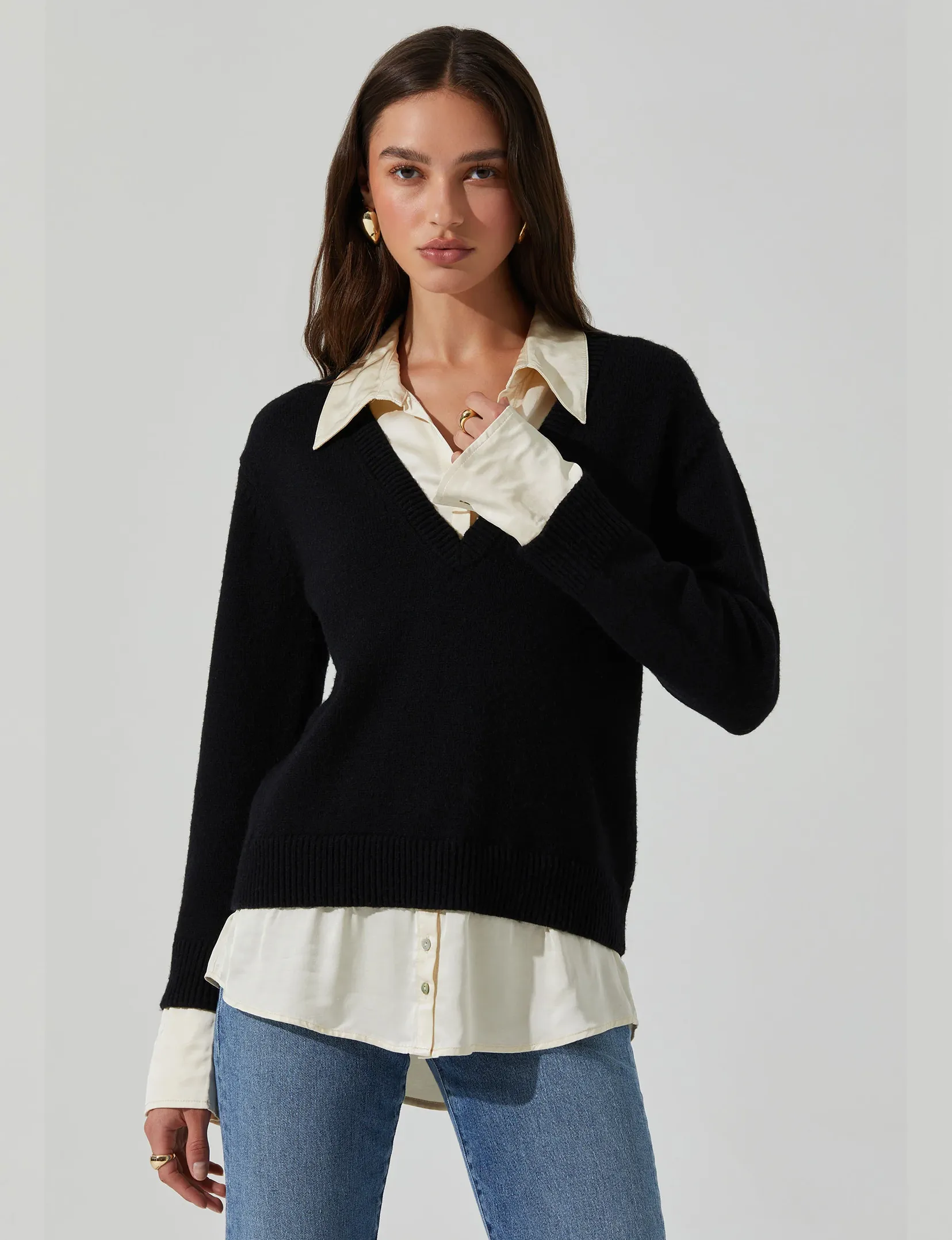 Jianna Layered Sweater, Black/Cream