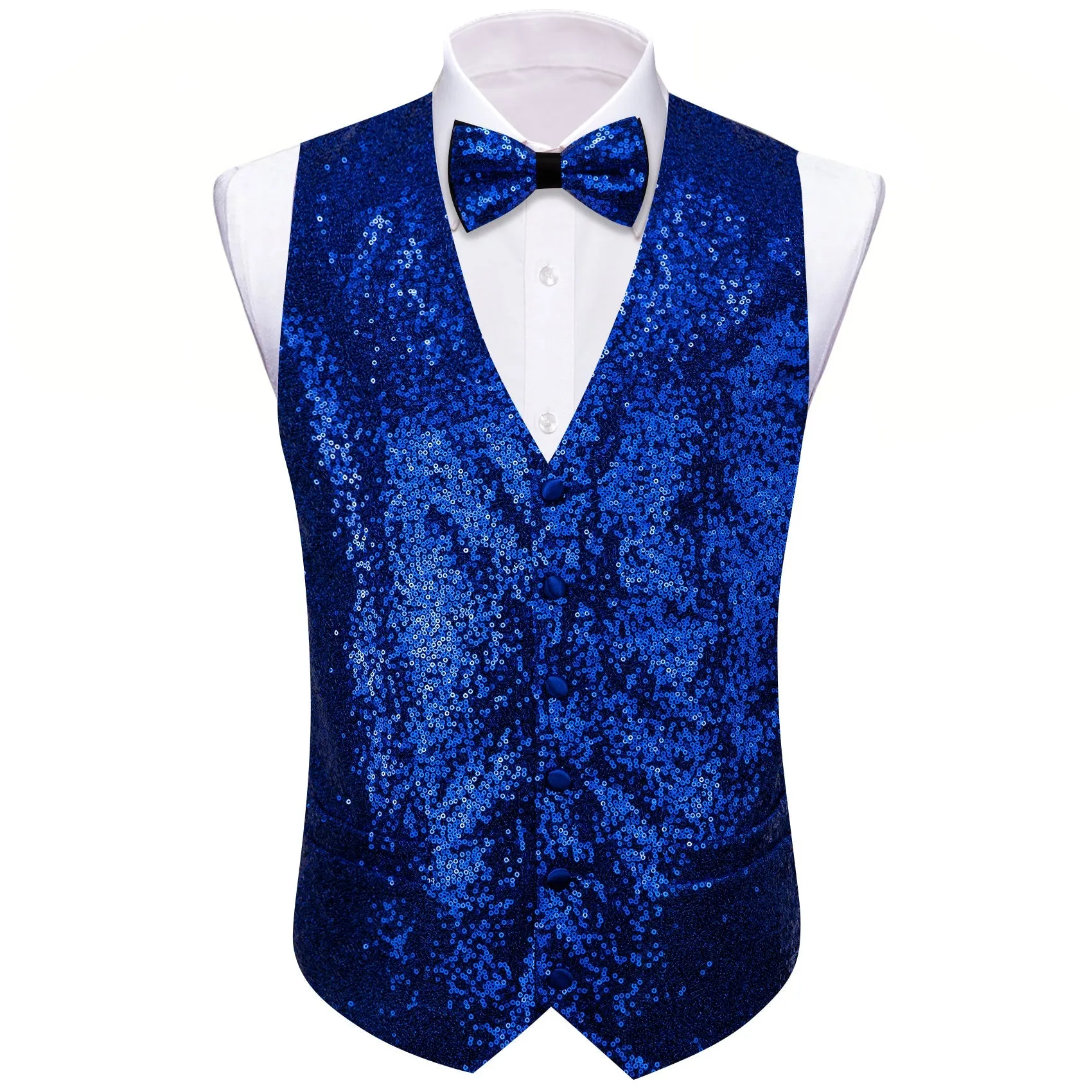 Klein Blue Sequins Silk Men's Vest Hanky Cufflinks Bow Tie Set