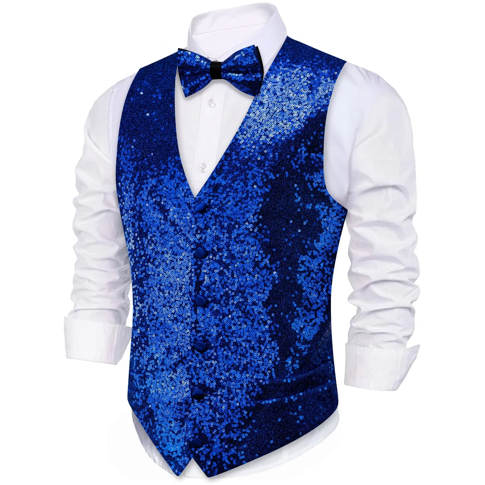 Klein Blue Sequins Silk Men's Vest Hanky Cufflinks Bow Tie Set