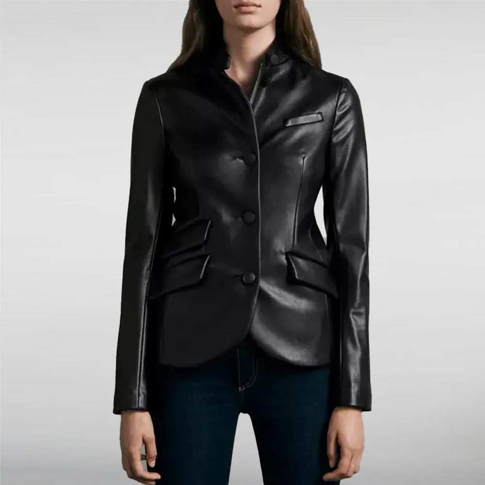 Lade Slim Black Leather Coat