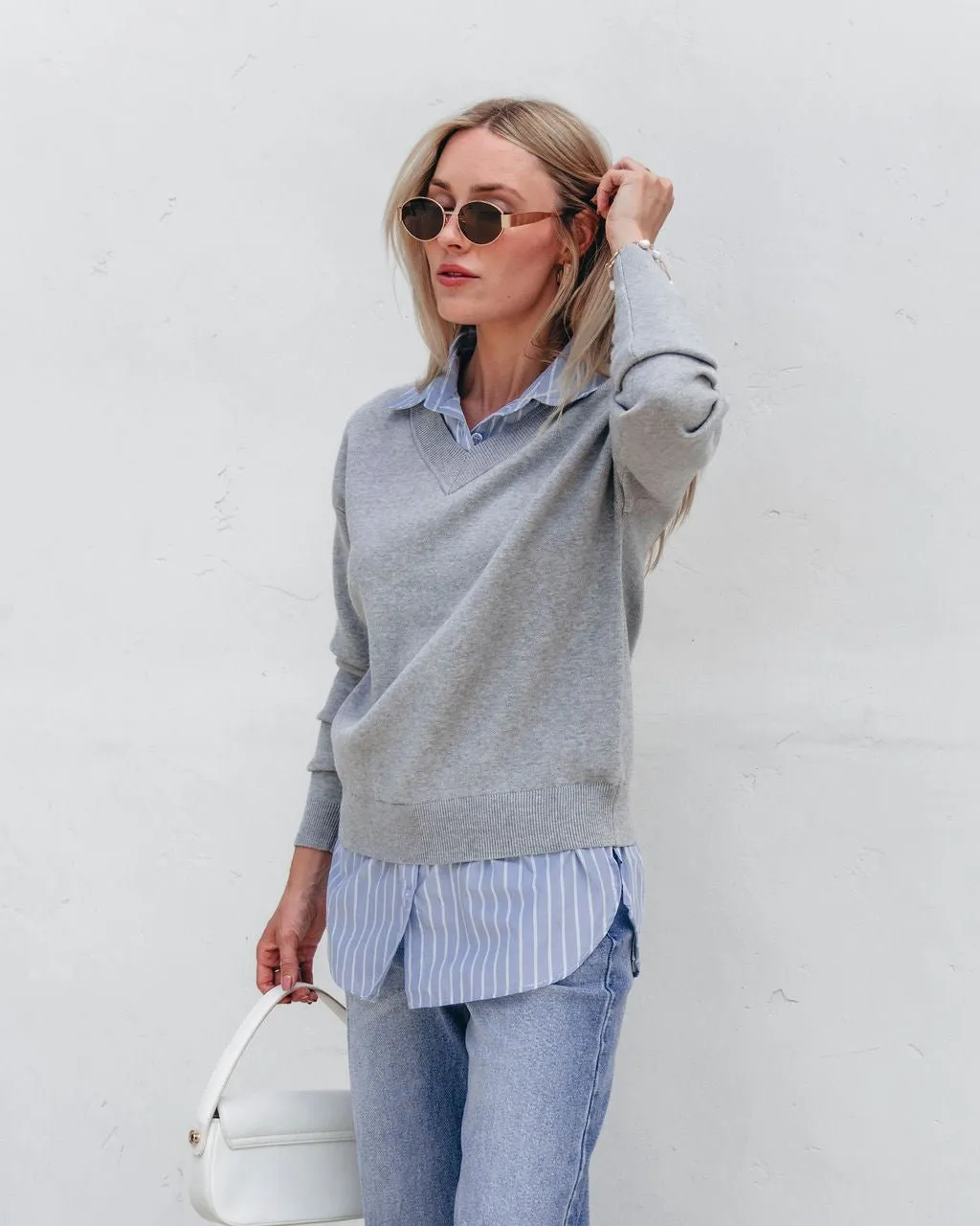 Layered V Neck Shirt Sweater - Grey - FINAL SALE