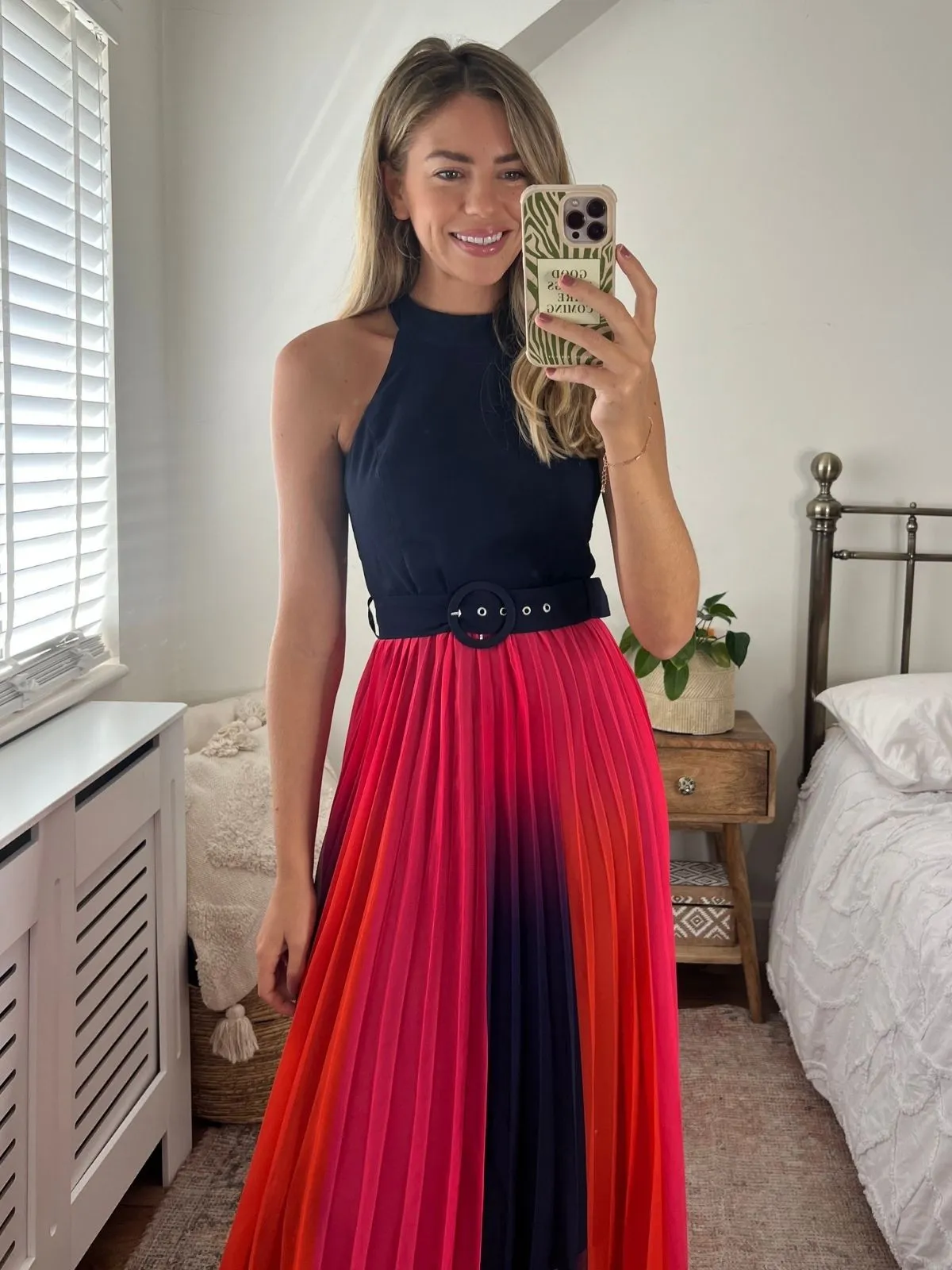 Luisa Belted Pleated Maxi Dress / Navy & Orange Ombre