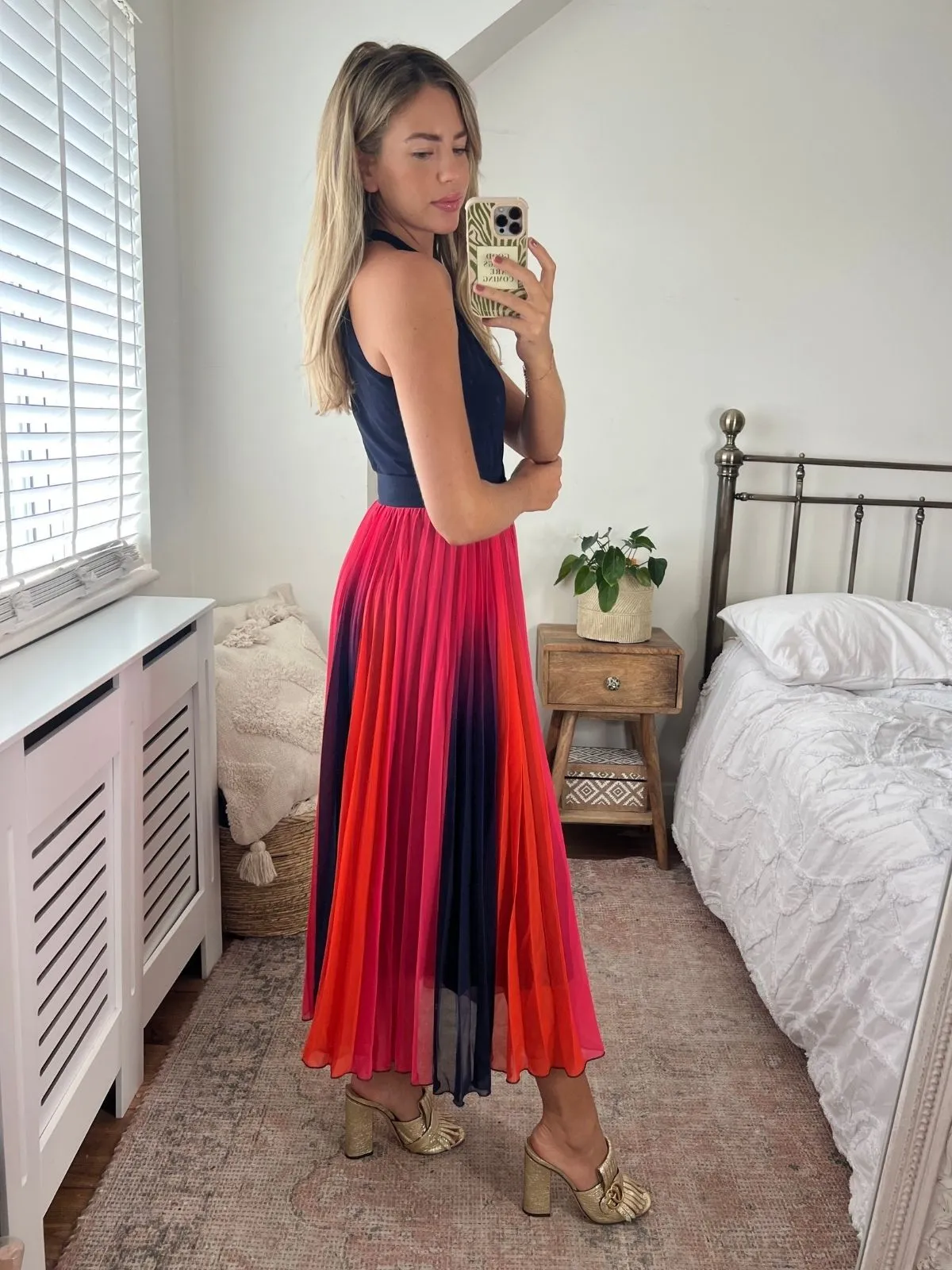 Luisa Belted Pleated Maxi Dress / Navy & Orange Ombre