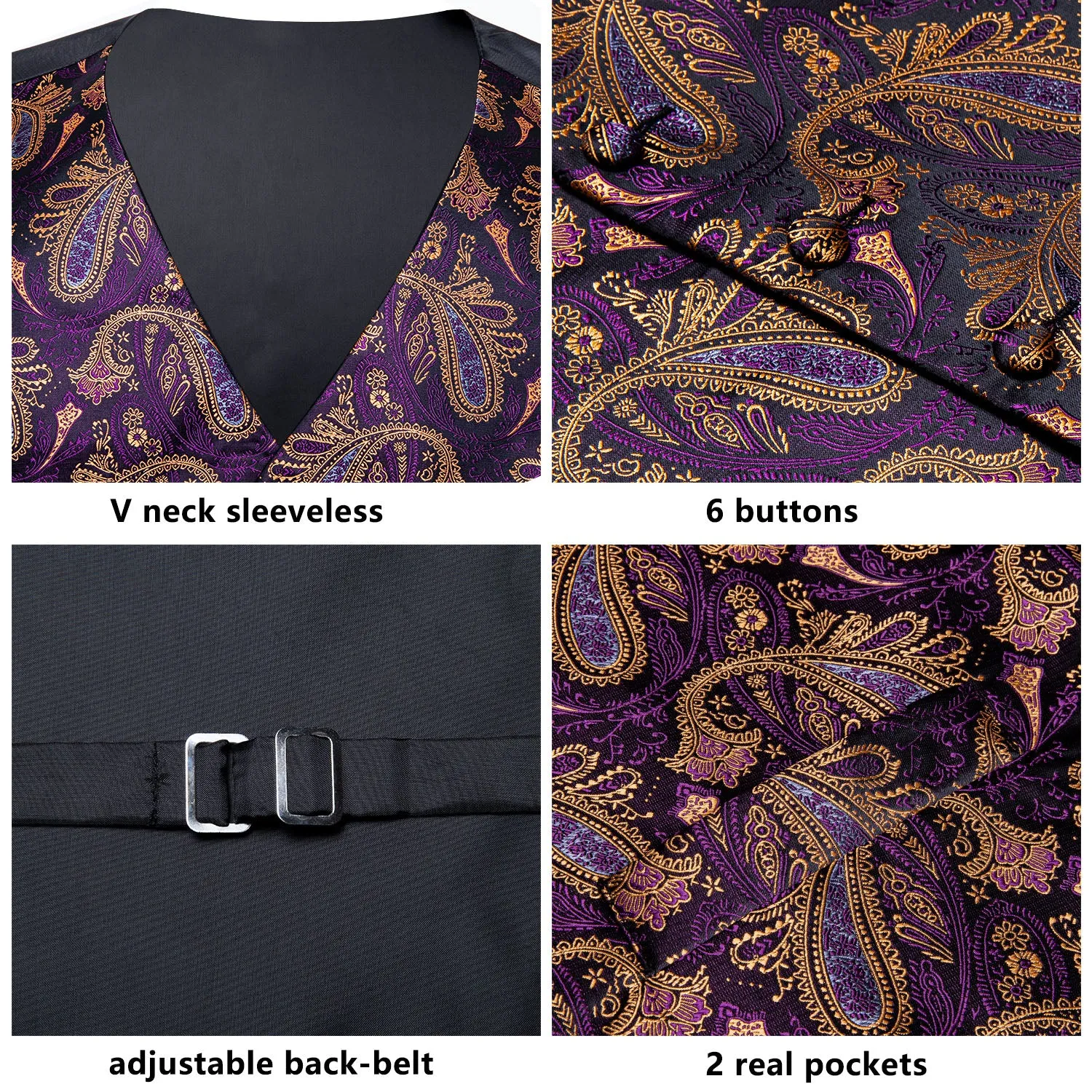 Luxury Purple Brown Paisley Men's Vest Tie Hanky Cufflinks Set Waistcoat Suit Set