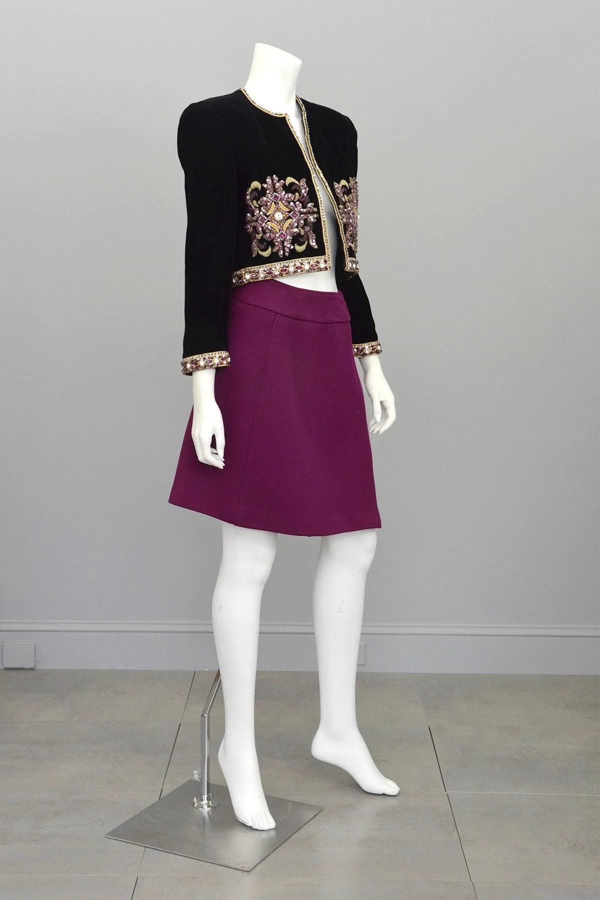 Mary McFadden Plum Velvet Beaded Cropped Evening Jacket