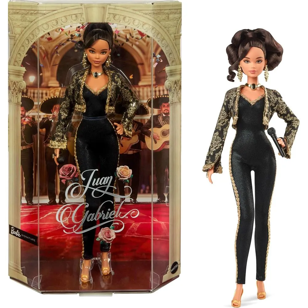 Mattel HRM82 Barbie Signature Doll, Juan Gabriel Collectible in Chic Black and Gold Suit with Cropped Jacket and Golden Accessories