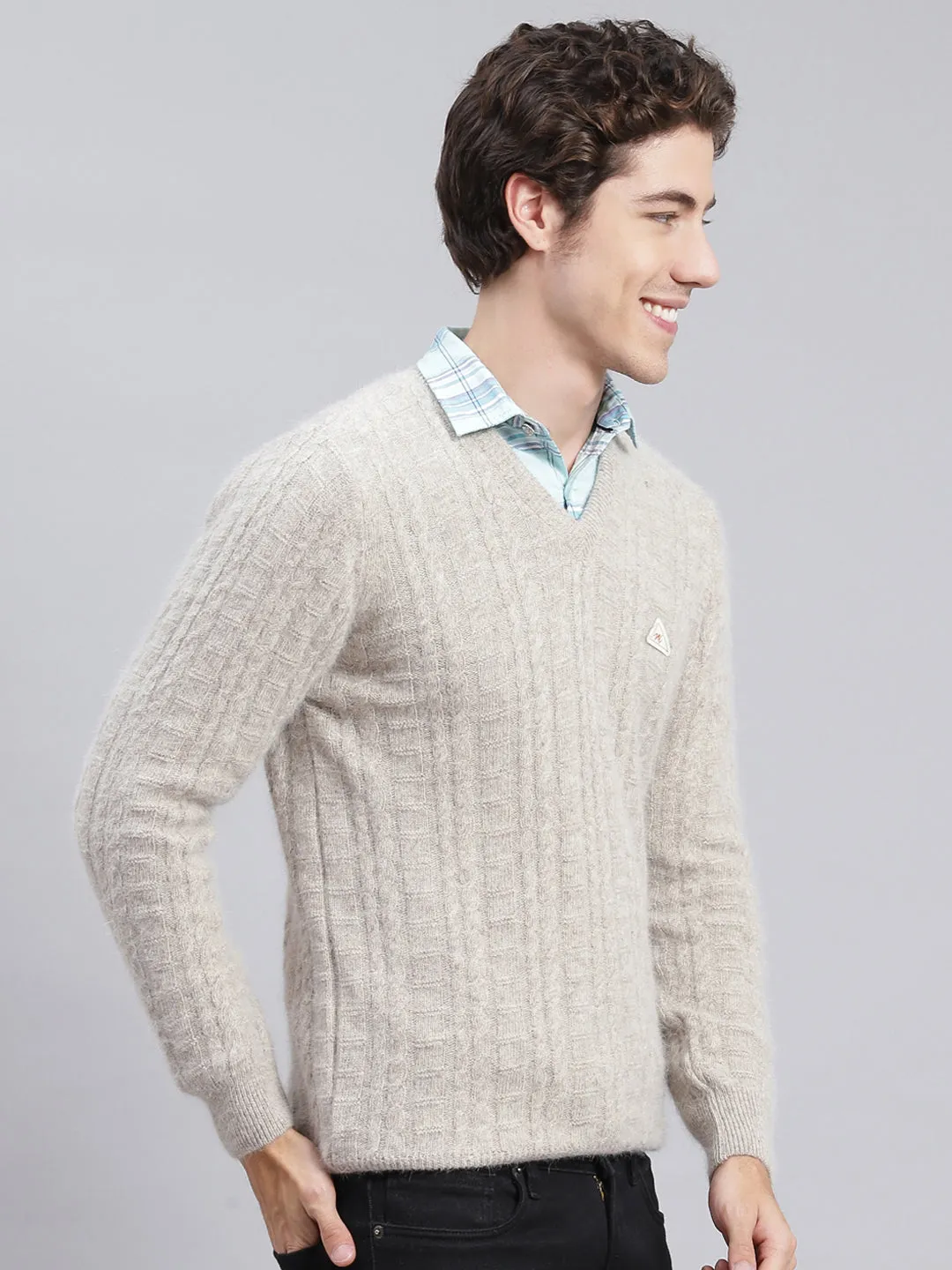 Men Beige Self Design Angoora Pullover