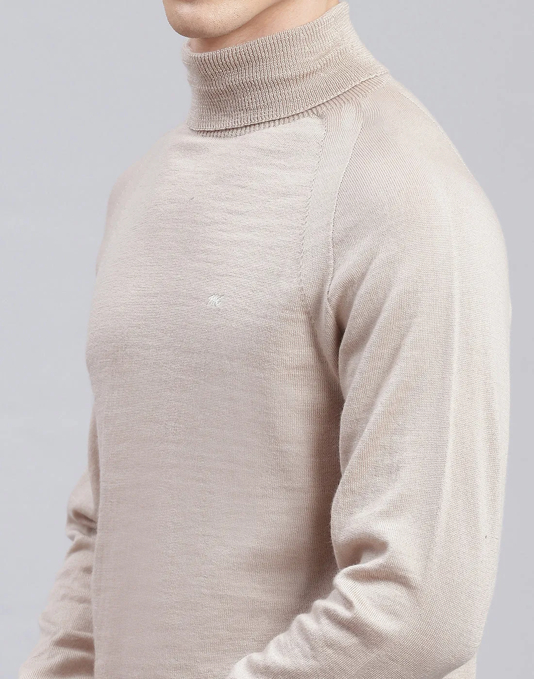 Men Beige Solid High Neck Full Sleeve Pullover