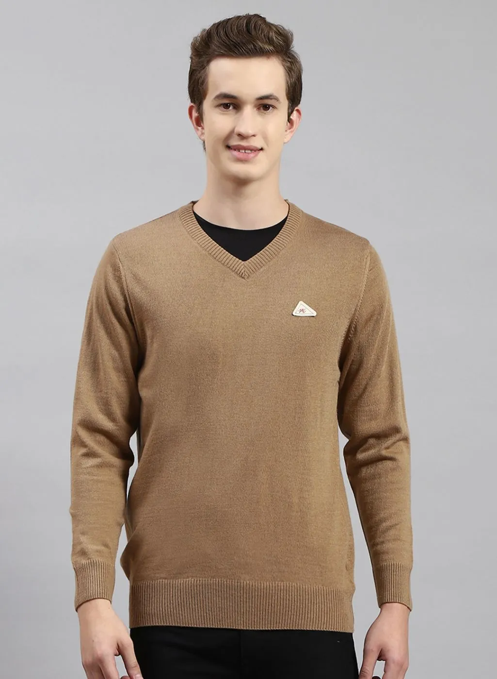 Men Beige Solid Wool blend Pullover