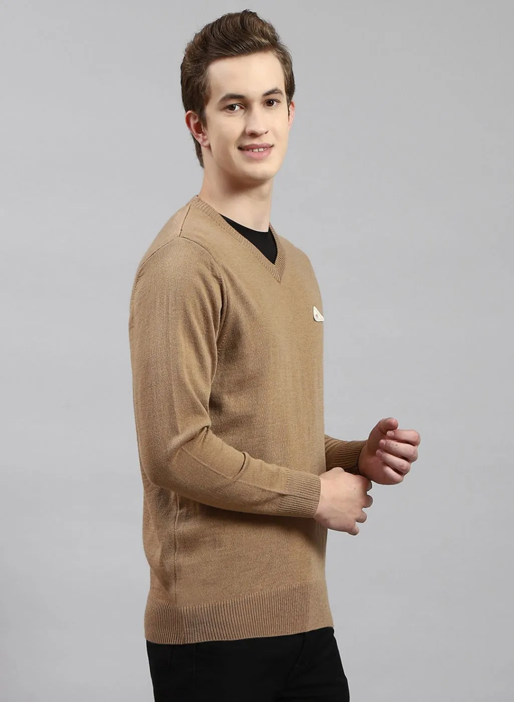 Men Beige Solid Wool blend Pullover