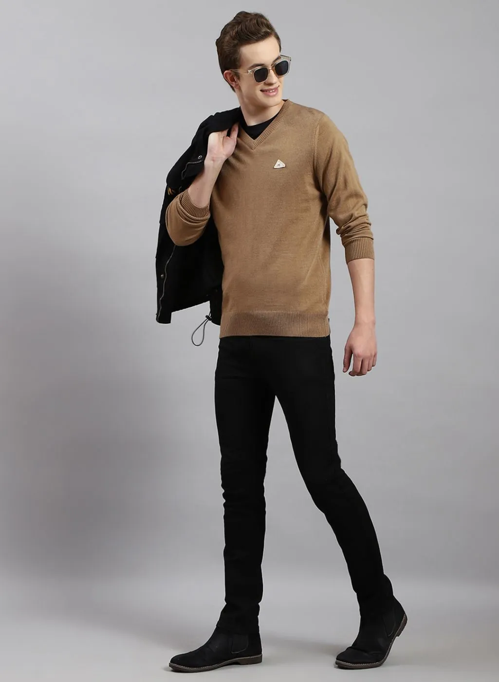 Men Beige Solid Wool blend Pullover