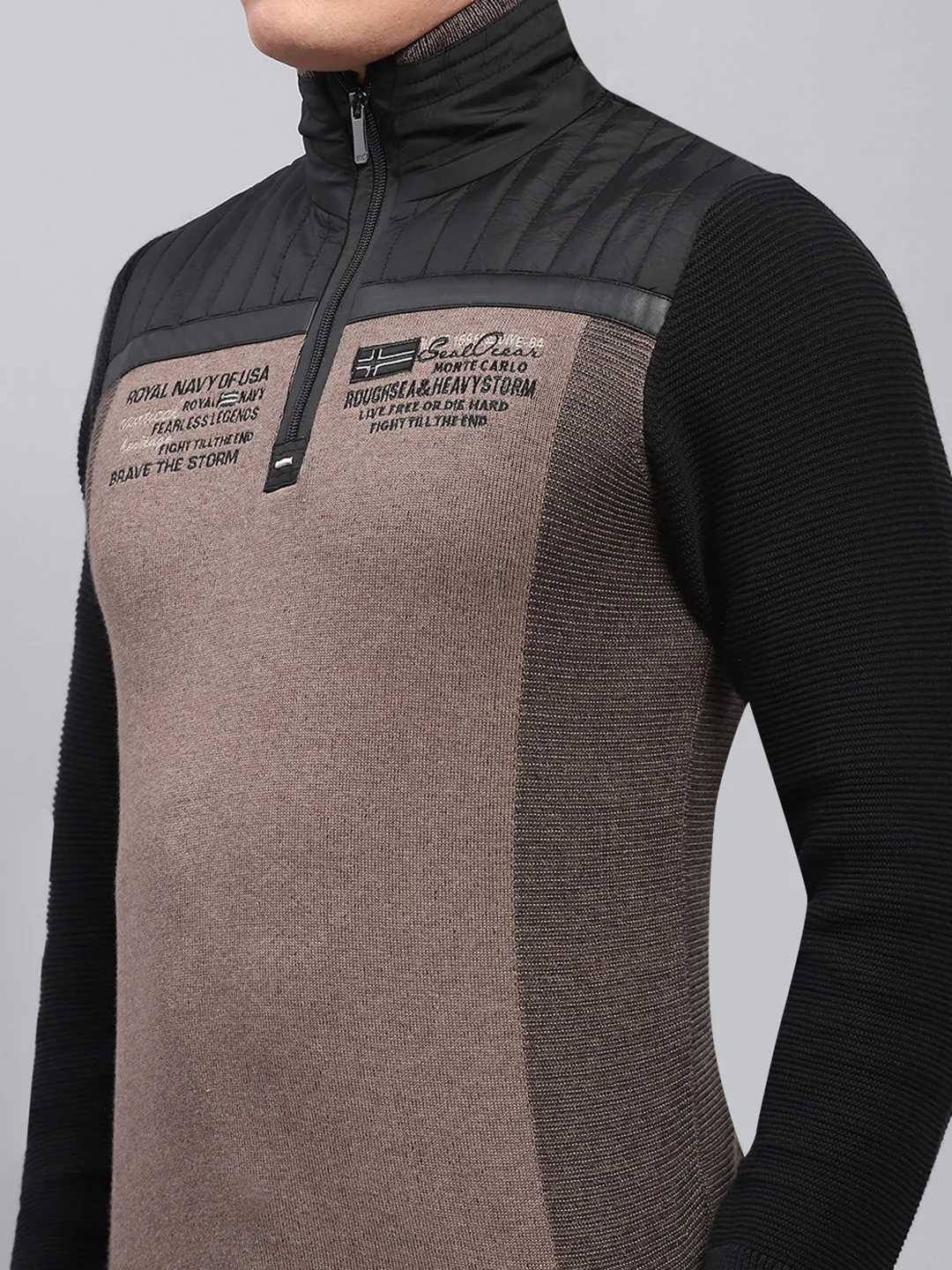 Men Black Printed Mock Neck Full Sleeve Pullover