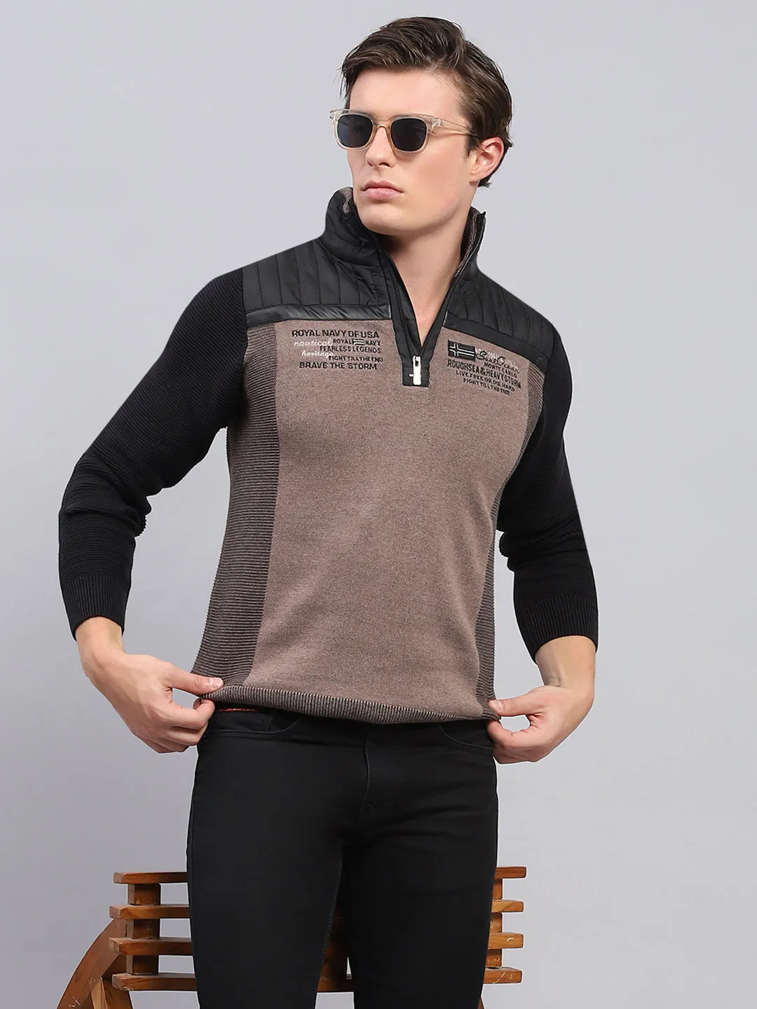 Men Black Printed Mock Neck Full Sleeve Pullover